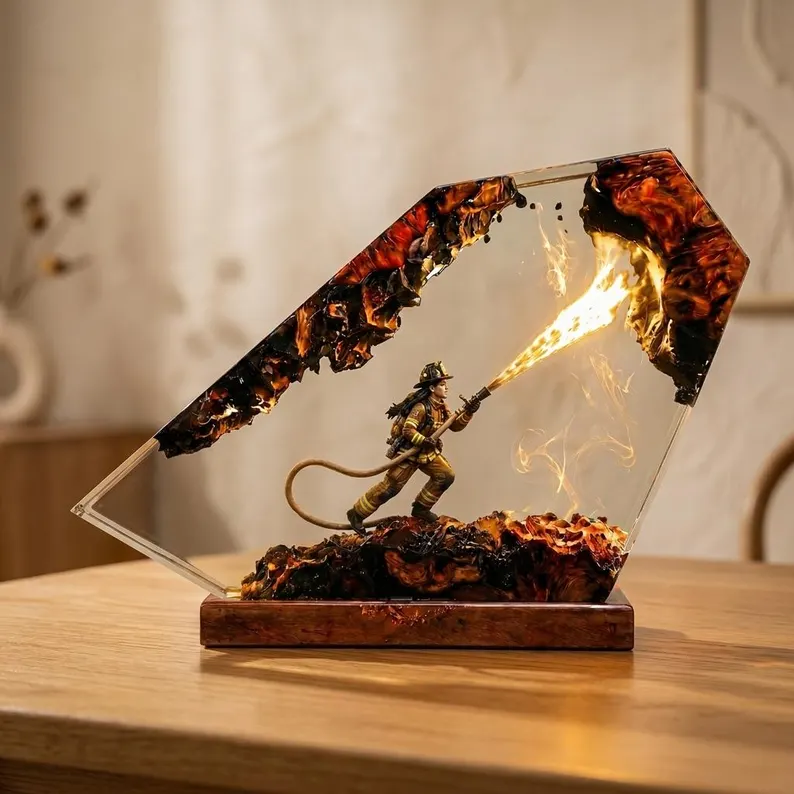 Firefighter Resin Lamp Hero Figurine Decor, Fire Dept Night Light