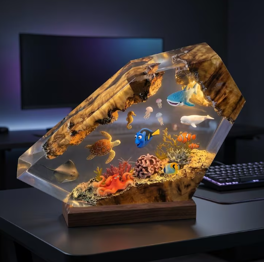 Ocean Resin Lamp – Handmade Underwater Diorama with Sea Creatures