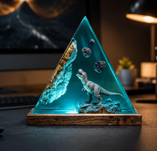 Dinosaur Resin Lamp, Handmade Wood Epoxy Night Light, Meteor Scene Desk Decor